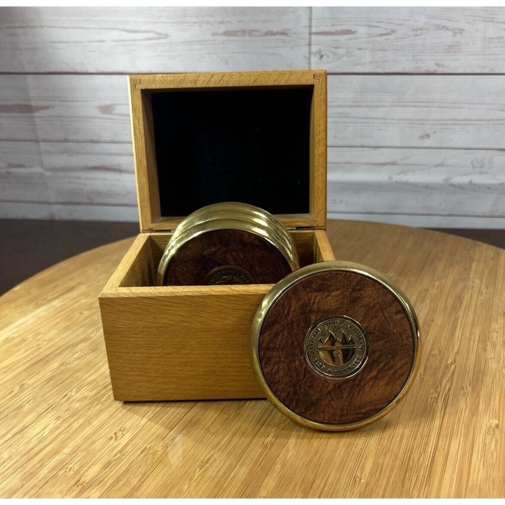 Eastman Kodak Company fire & Security 4 Round Brass Metal Coasters Table Top Set
